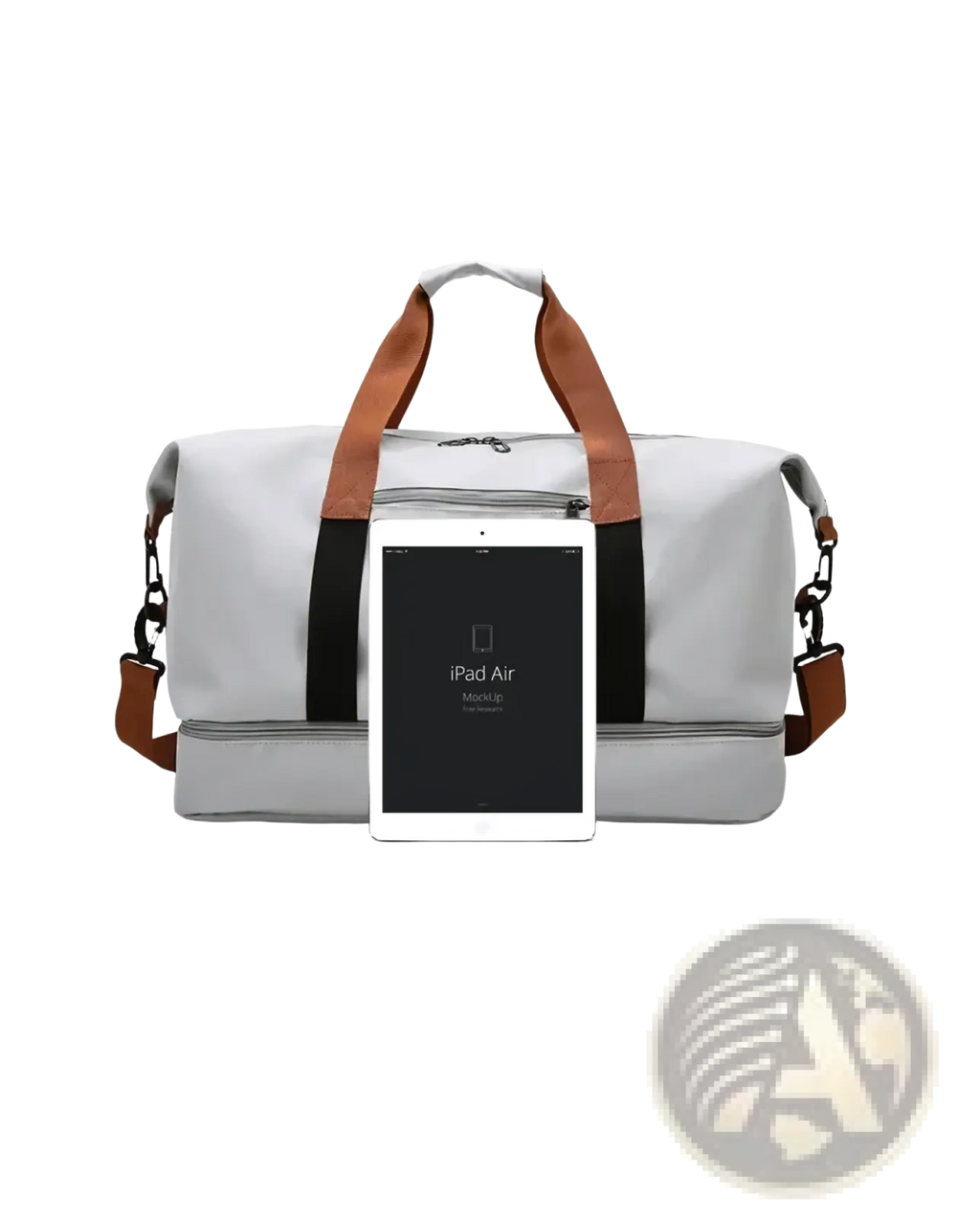 Light gray waterproof travel duffel bag with brown leather handles and black trim accents for fitness gym luggage