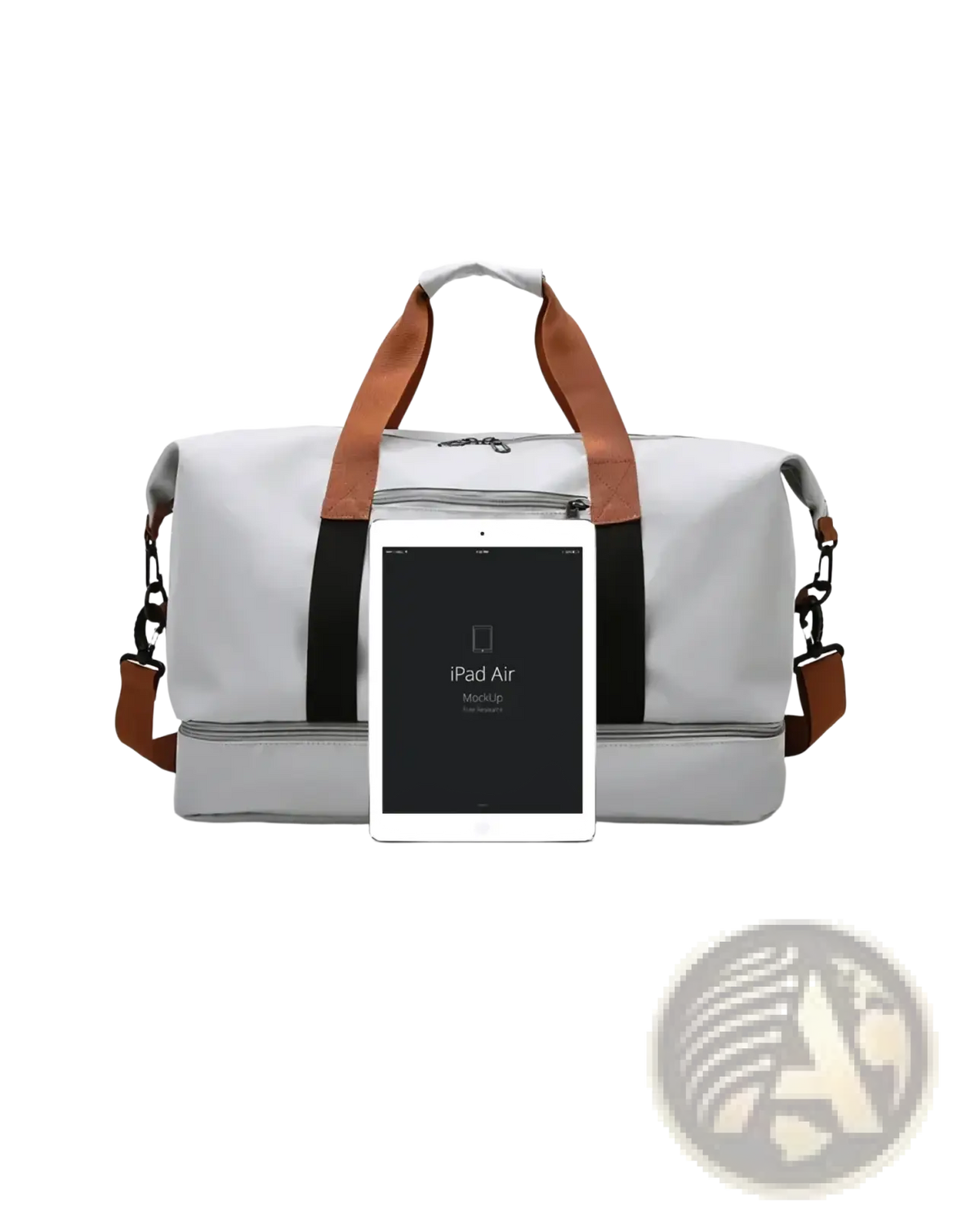 Light gray waterproof travel duffel bag with brown leather handles and black trim accents for fitness gym luggage