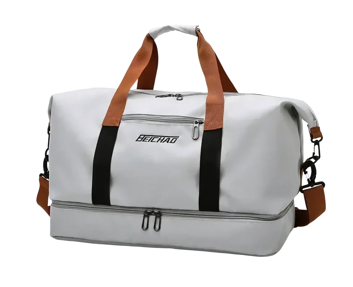 Light grey beichao waterproof travel duffel bag with brown and black accents for fitness gym luggage use