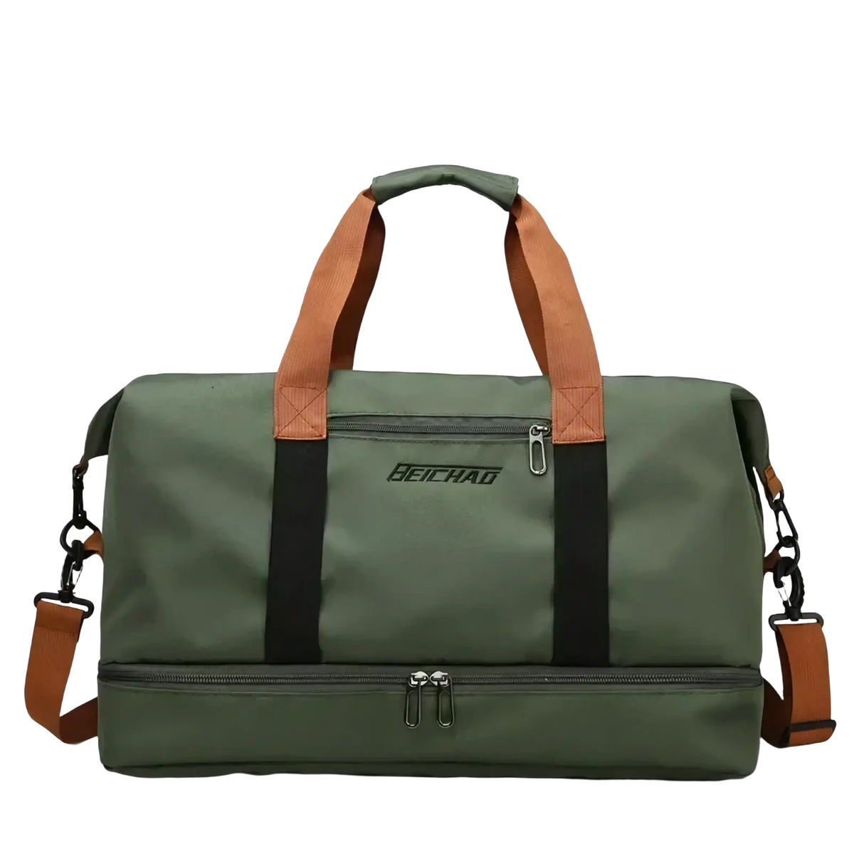 Olive green travel duffel bag with tan and black accents featuring durable fabric and leather handles for gym and luggage use