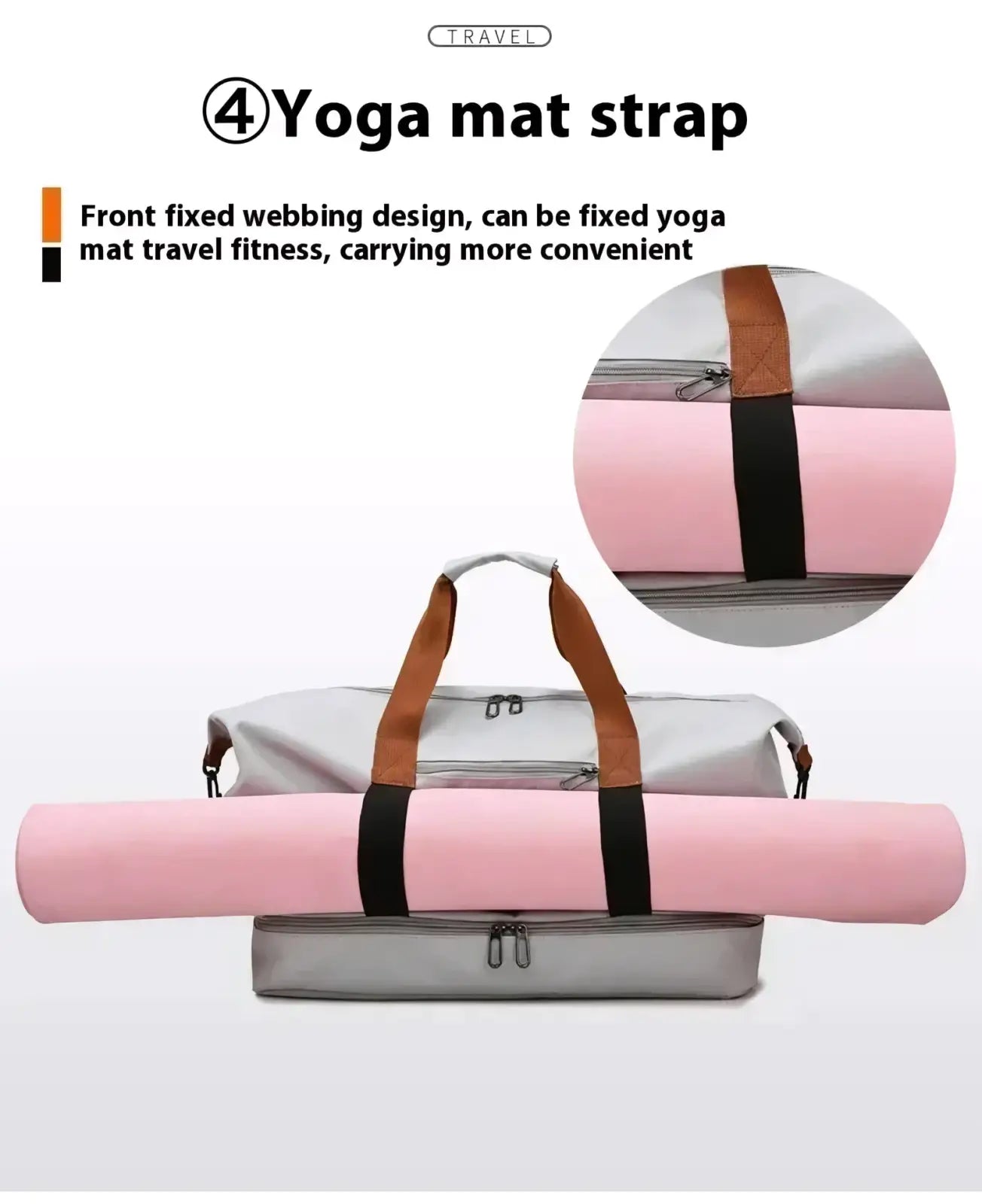 Travel duffel bag waterproof gray with pink yoga mat secured by black strap and tan handles for fitness gym luggage