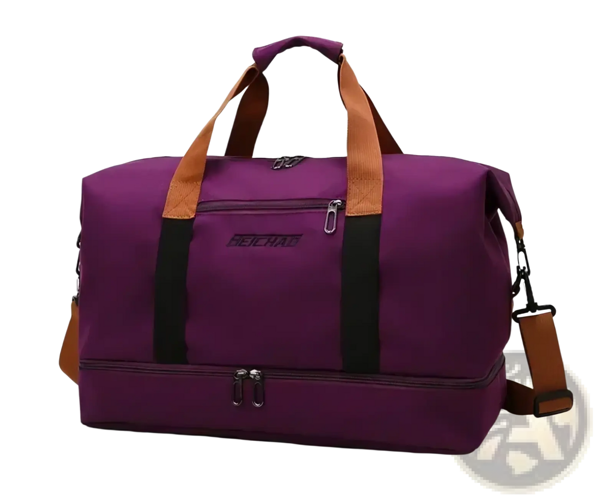 Purple and brown dual-tone waterproof travel duffel bag with black accents for fitness gym luggage use