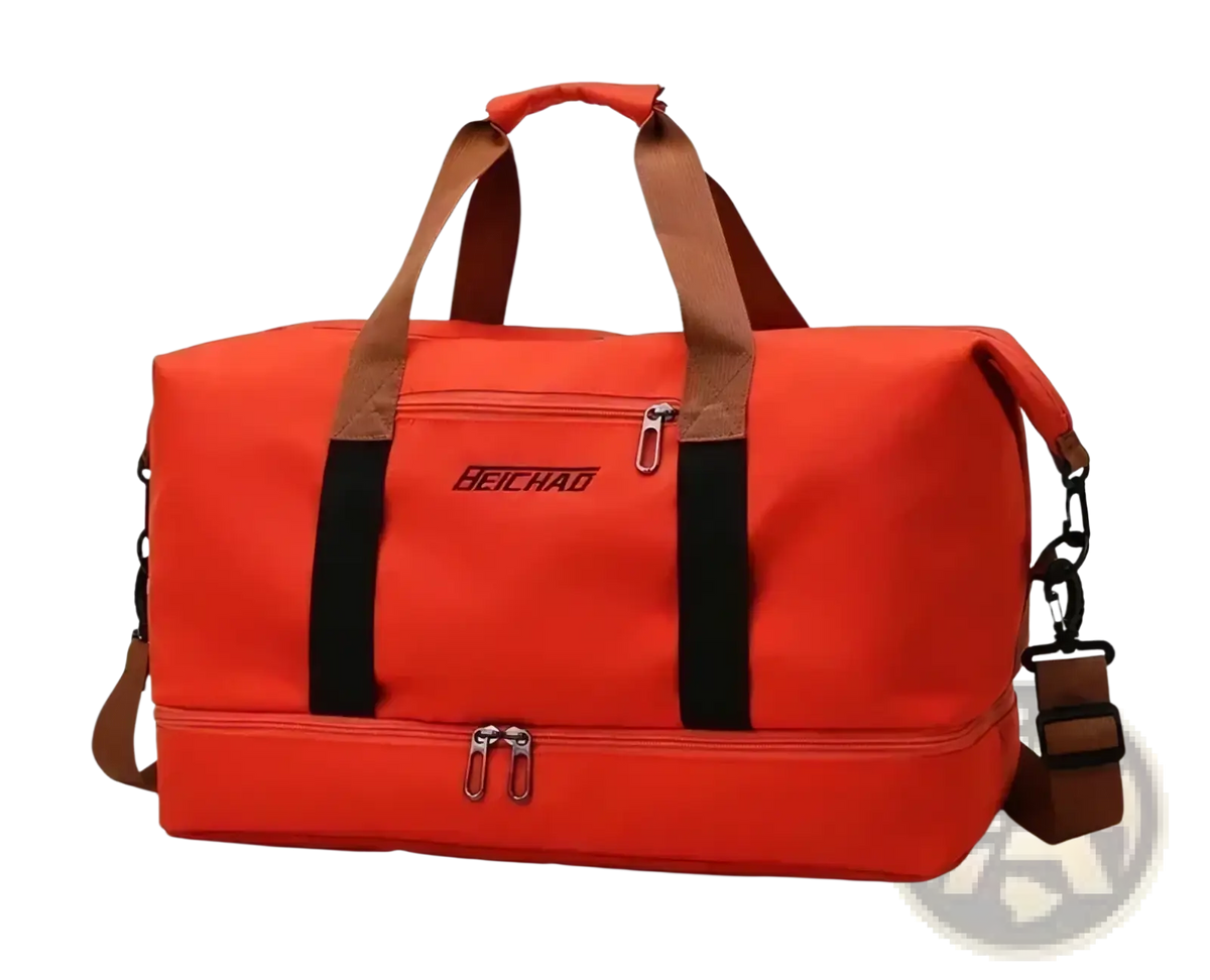 Bright orange Heichao duffel bag with brown and black accents waterproof for fitness gym and travel use