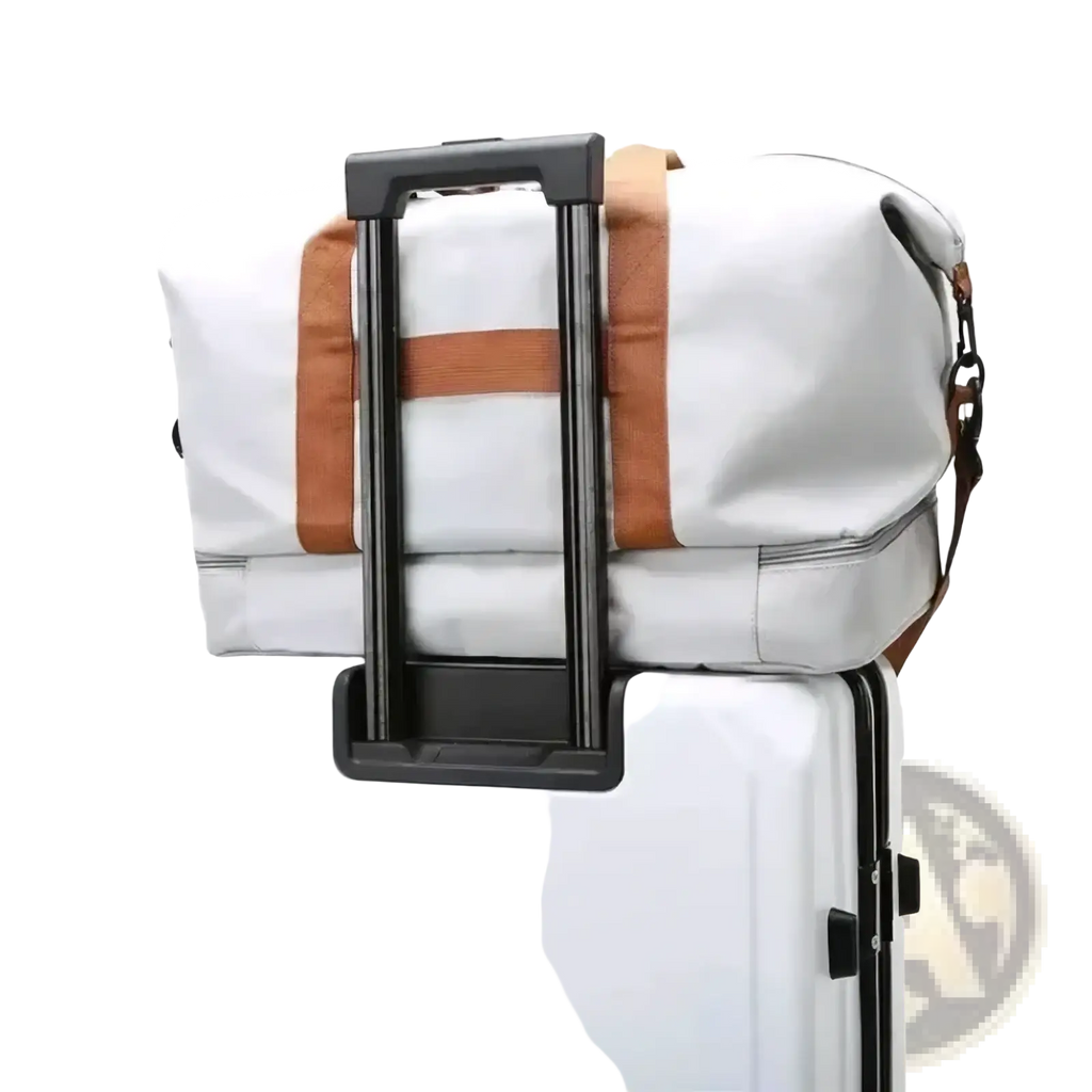 White and tan travel duffel bag with retractable handle and durable fabric straps for waterproof gym and luggage use