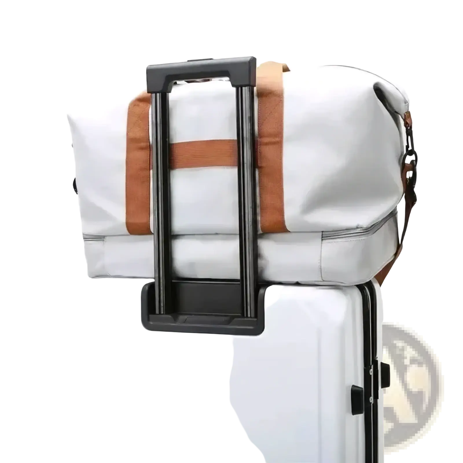 White and tan travel duffel bag with retractable handle and durable fabric straps for waterproof gym and luggage use