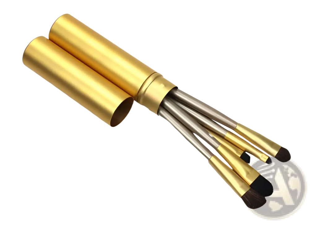 Travel eye makeup brush set with gold cylindrical metallic handles and black bristles in matching portable case