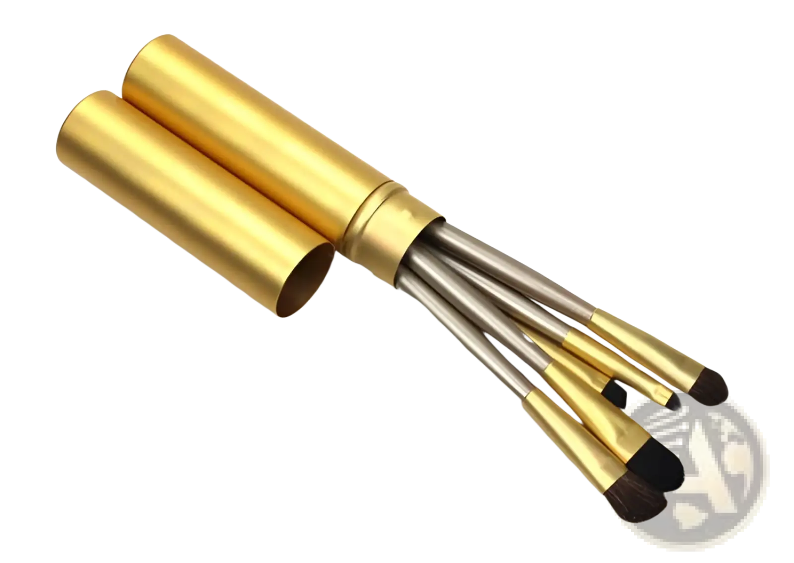 Travel eye makeup brush set with gold cylindrical metallic handles and black bristles in matching portable case