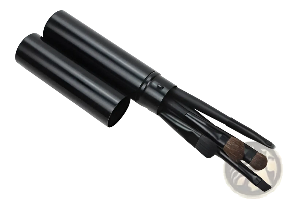 Travel eye makeup brush set with black cylindrical handles brown and black bristles in a sleek black portable case