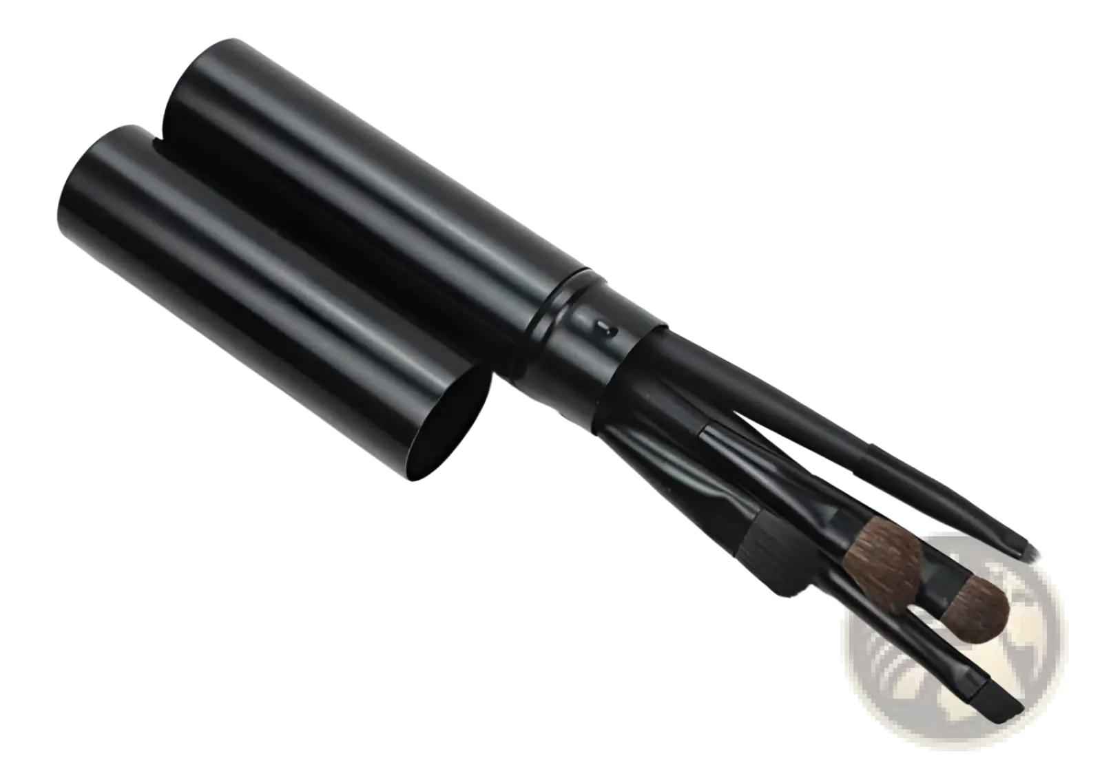 Travel eye makeup brush set with black cylindrical handles brown and black bristles in a sleek black portable case