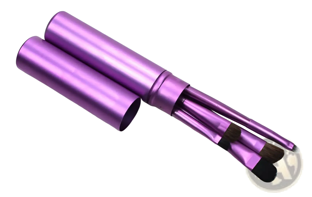 Purple metallic cylindrical travel eye makeup brush case with three matching purple brushes with black bristles
