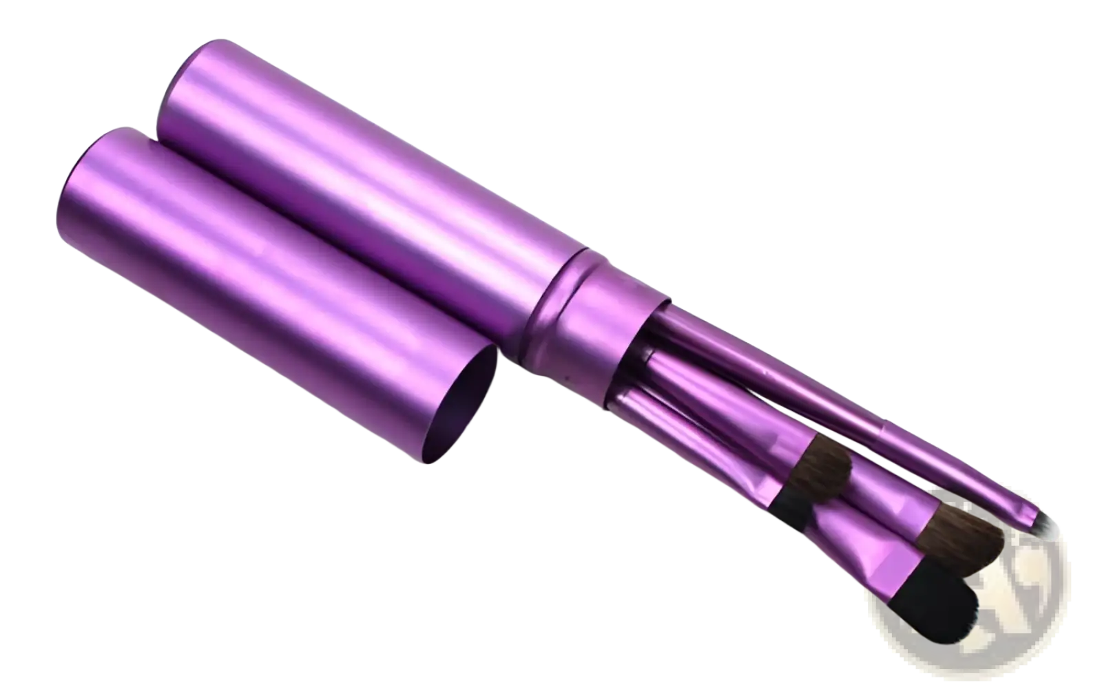 Purple metallic cylindrical travel eye makeup brush case with three matching purple brushes with black bristles