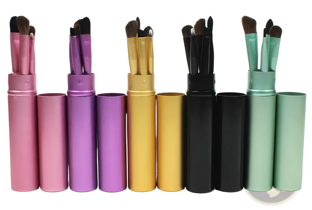 Set of five colorful metallic cylindrical travel eye makeup brush cases each with matching assorted brushes