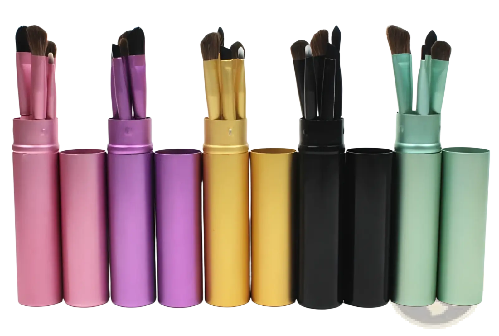 Set of five colorful metallic cylindrical travel eye makeup brush cases each with matching assorted brushes