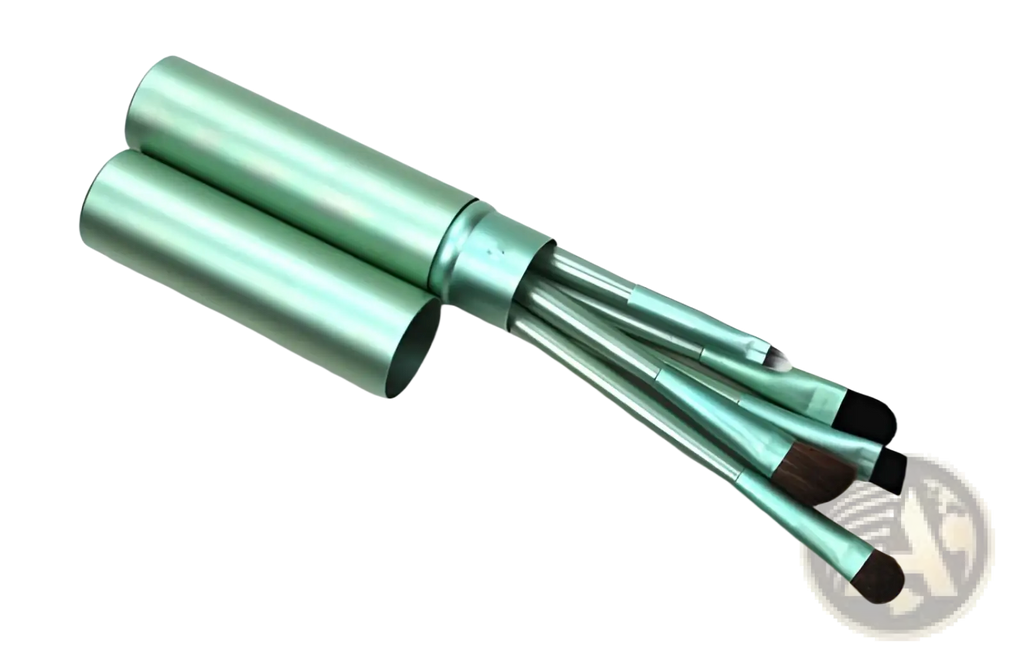 Travel eye makeup brush set with five mint green metallic brushes and matching portable cylindrical case