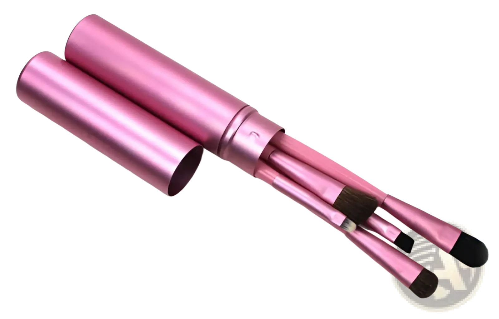 Travel eye makeup brush set featuring pink metallic cylindrical brushes with matching portable case for convenience