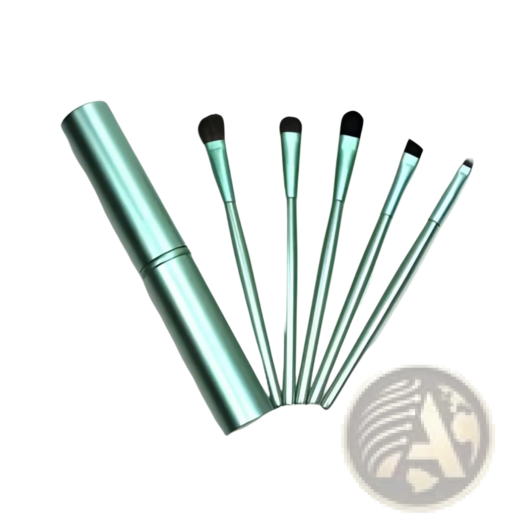 Set of six mint green metal travel eye makeup brushes with black bristles neatly arranged beside matching case
