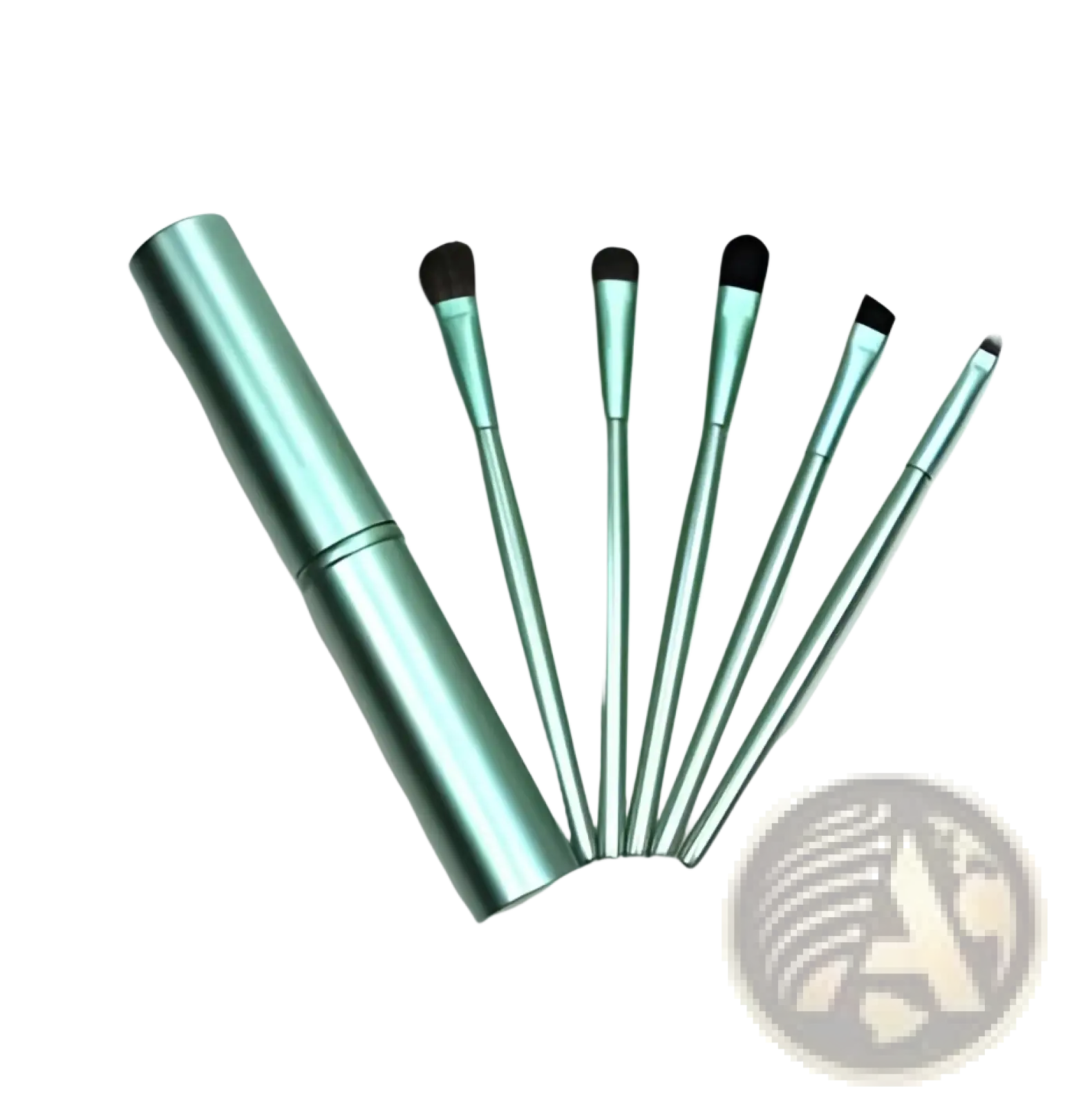 Set of six mint green metal travel eye makeup brushes with black bristles neatly arranged beside matching case