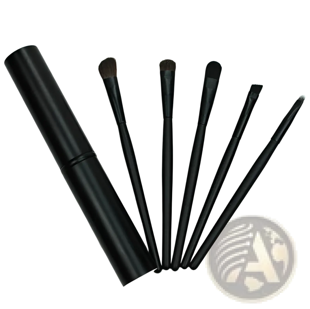 Black travel eye makeup brush set with six assorted brushes and matching cylindrical portable case for convenience
