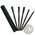 Black travel eye makeup brush set with six assorted brushes and matching cylindrical portable case for convenience
