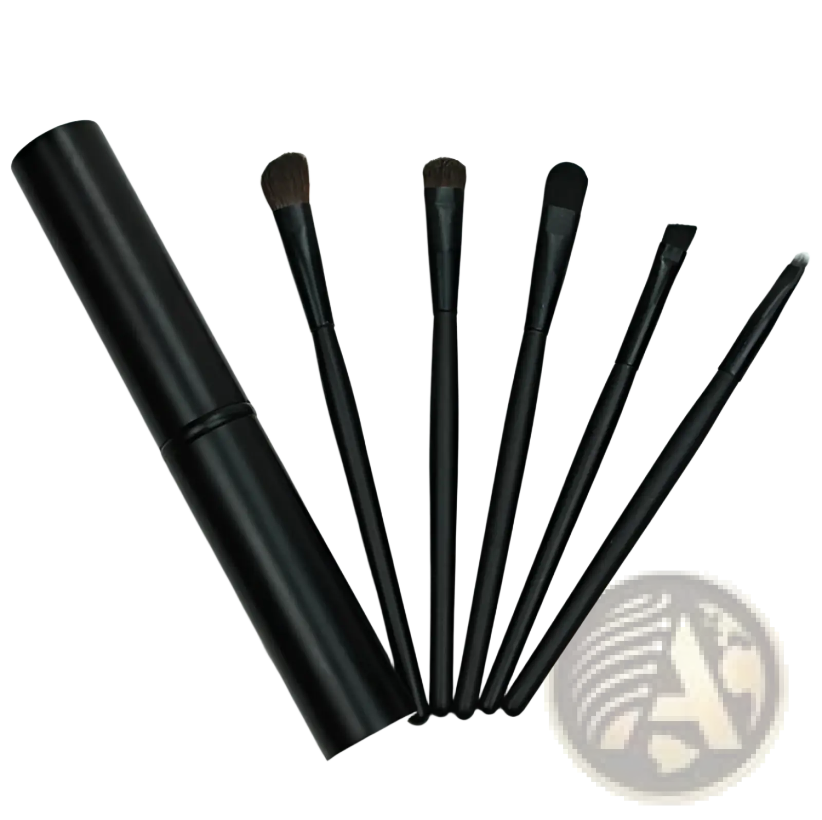 Black travel eye makeup brush set with six assorted brushes and matching cylindrical portable case for convenience