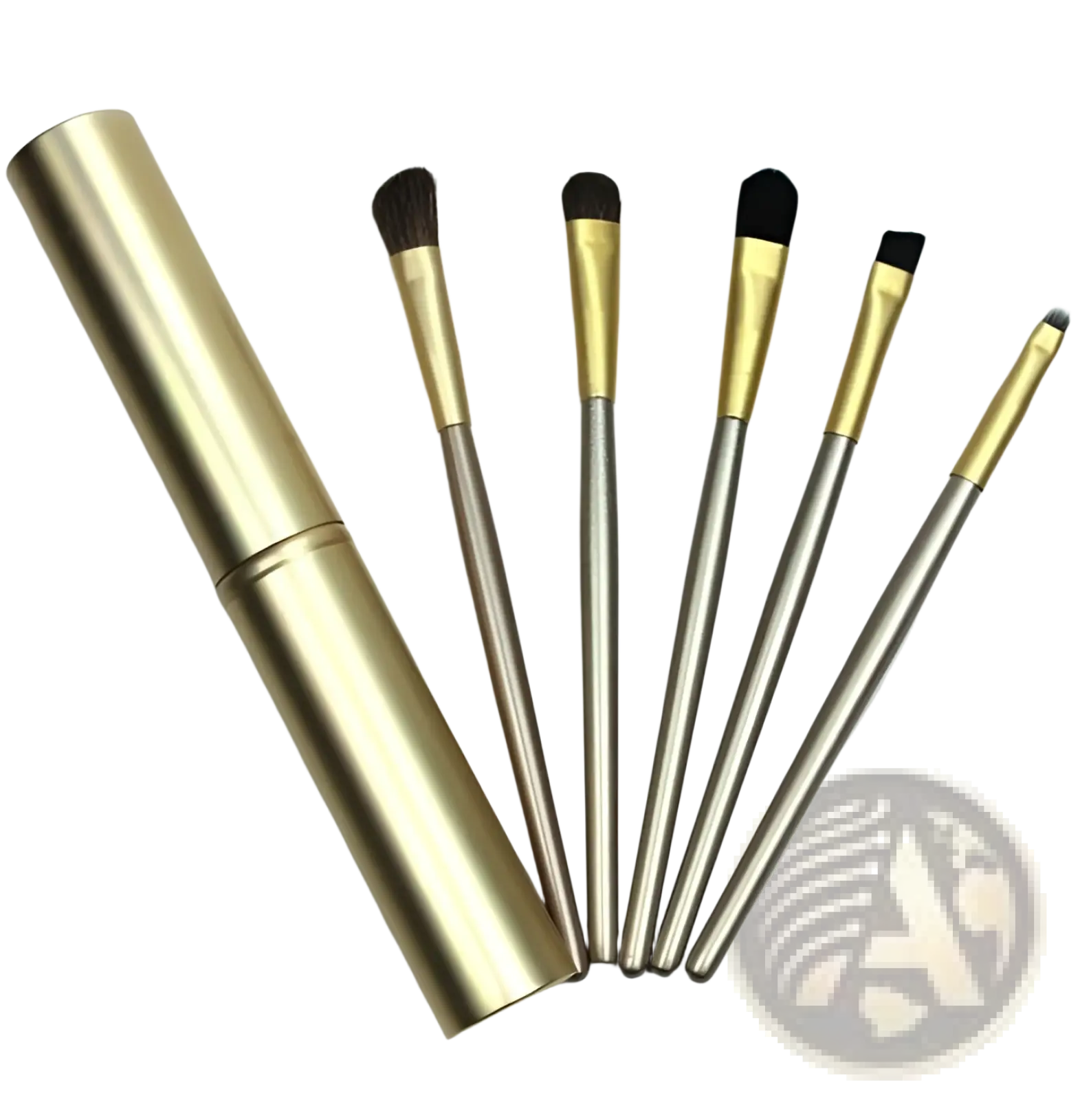 Travel eye makeup brush set with gold-finished metallic handles black bristles and matching portable gold case neatly arranged