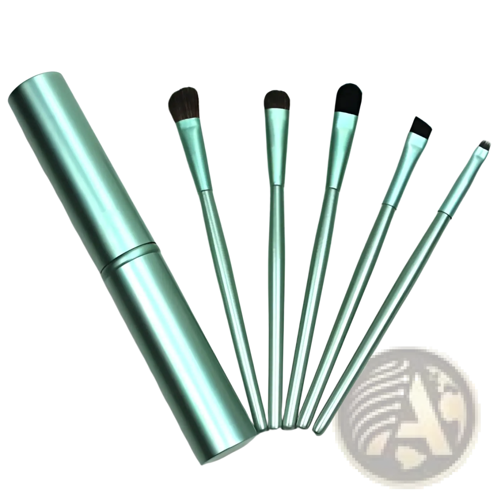 Set of six mint green metallic eye makeup brushes with black bristles and portable matching cylindrical case for travel