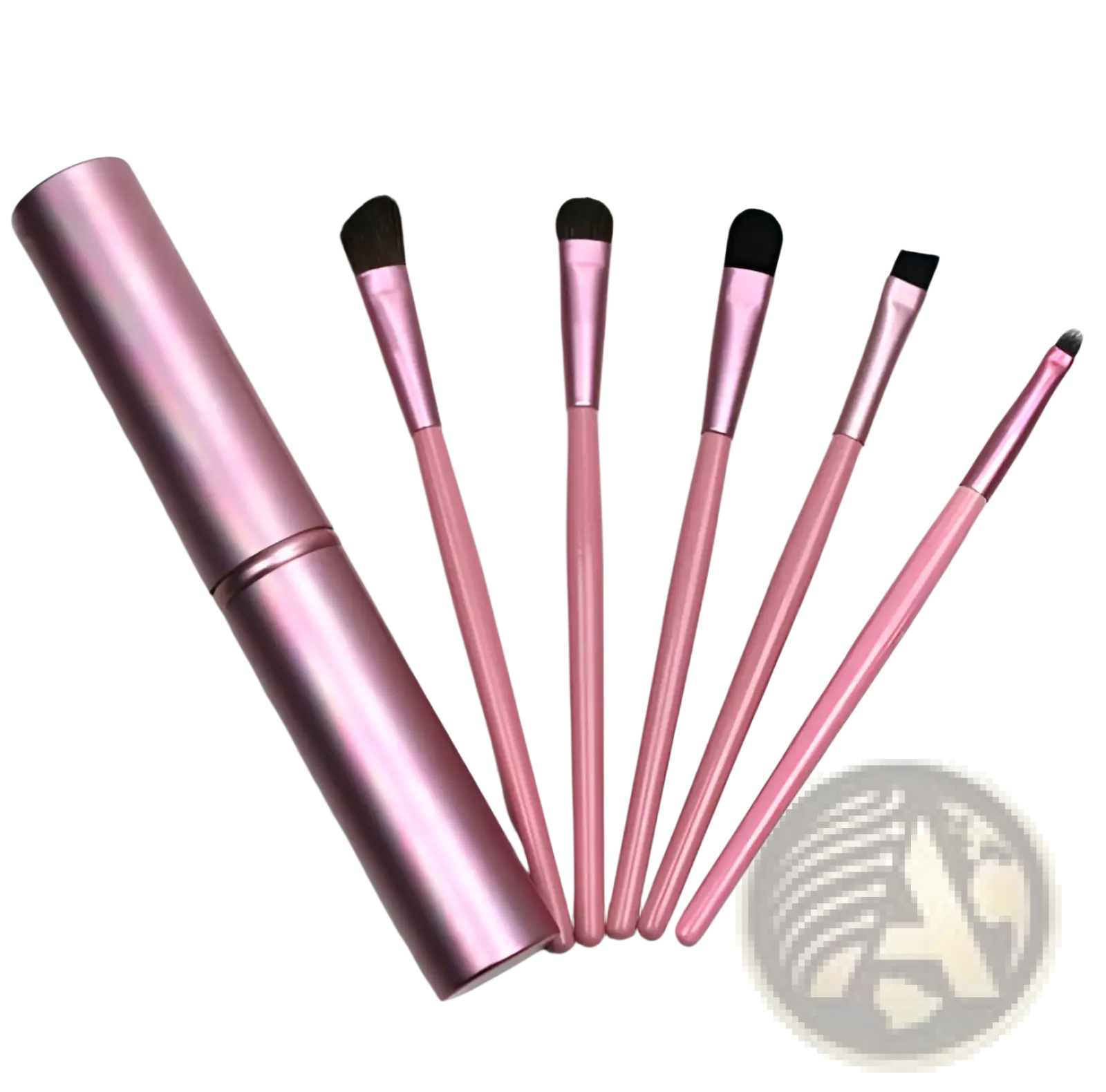 Pink metallic travel eye makeup brush set with matching portable cylindrical case for easy storage and use