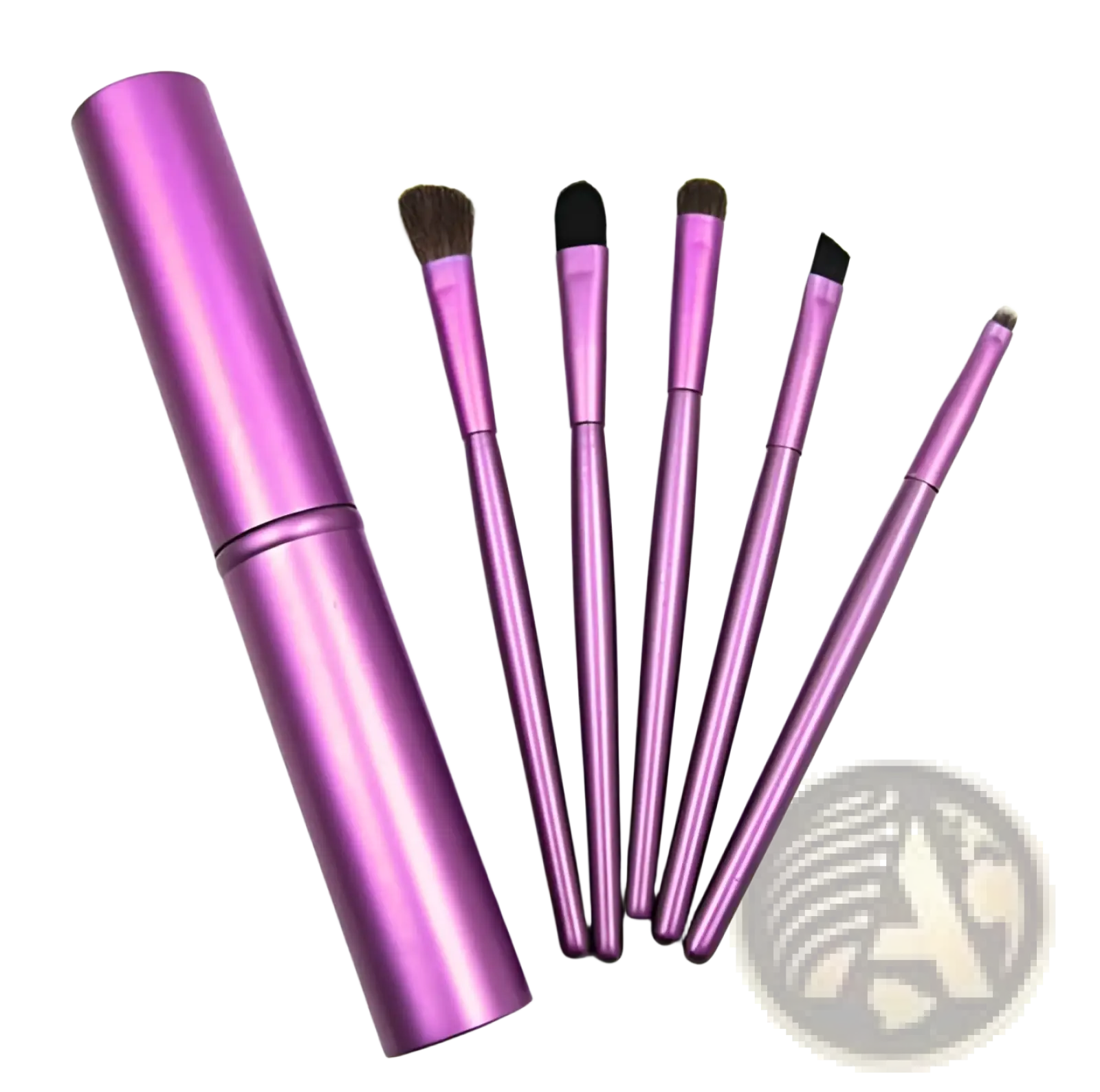 Travel eye makeup brush set with purple metallic brushes and matching portable cylindrical case for easy storage