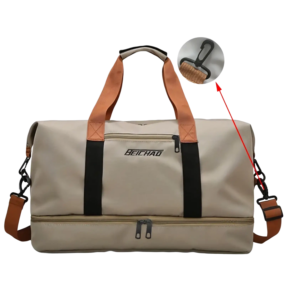 Beichao beige and brown Oxford fabric travel gym weekender duffle bag with black zipper accents for fitness use