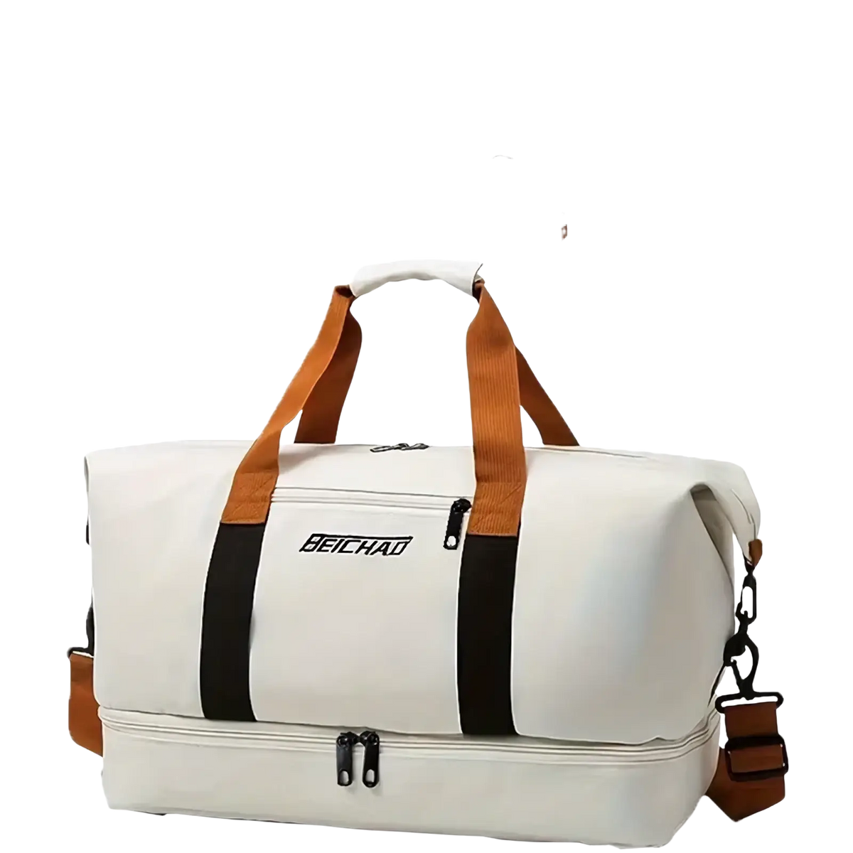 Beichao off-white versatile casual shoulder bag with brown and black accents two-tier design travel gym tote