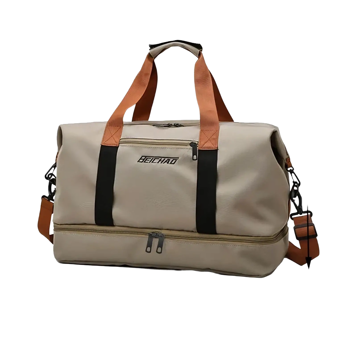 Beichao beige and black oxford travel gym bag with tan leather accents weekender duffle fitness tote