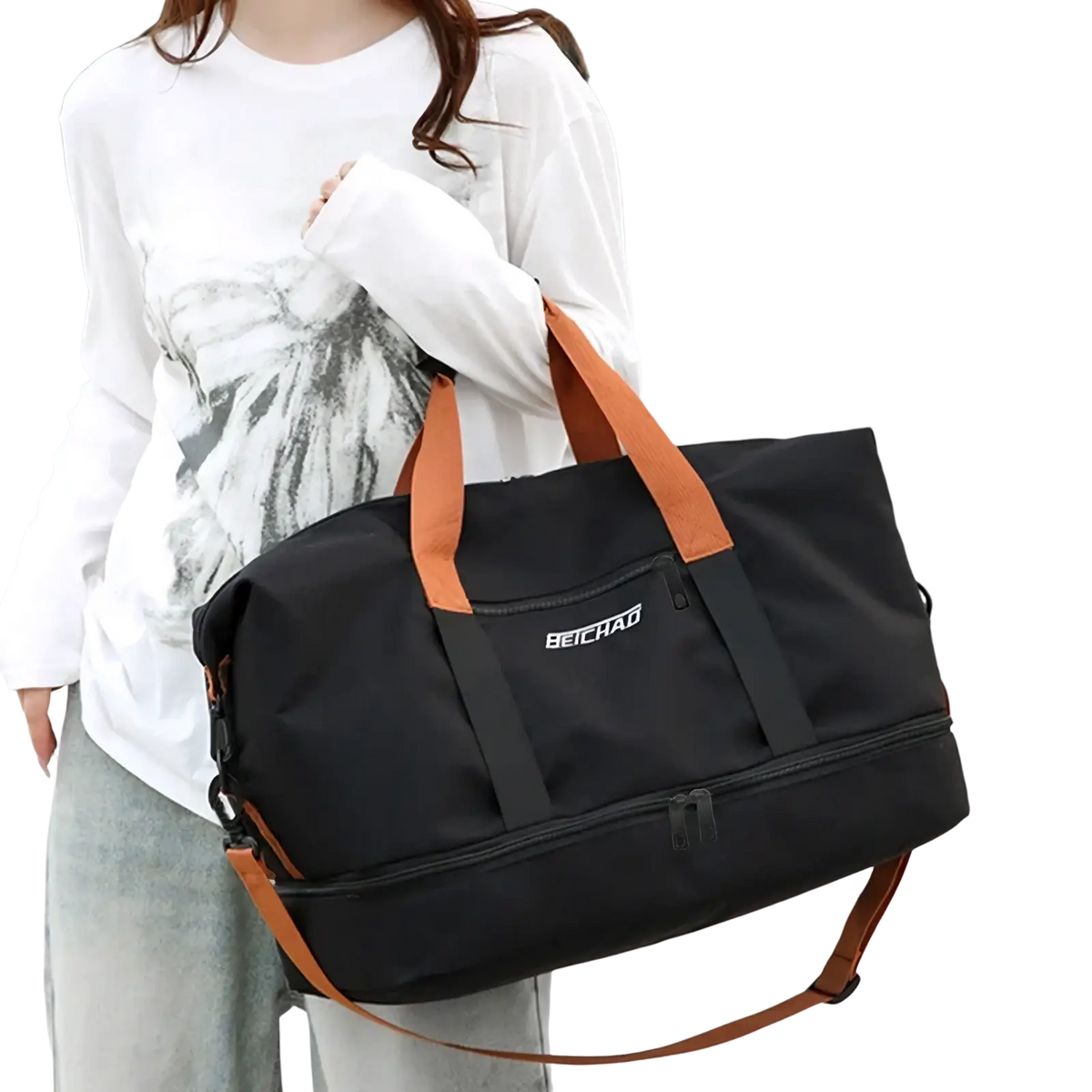 Black beichao travel gym bag with tan leather like handles and shoulder strap made of oxford material