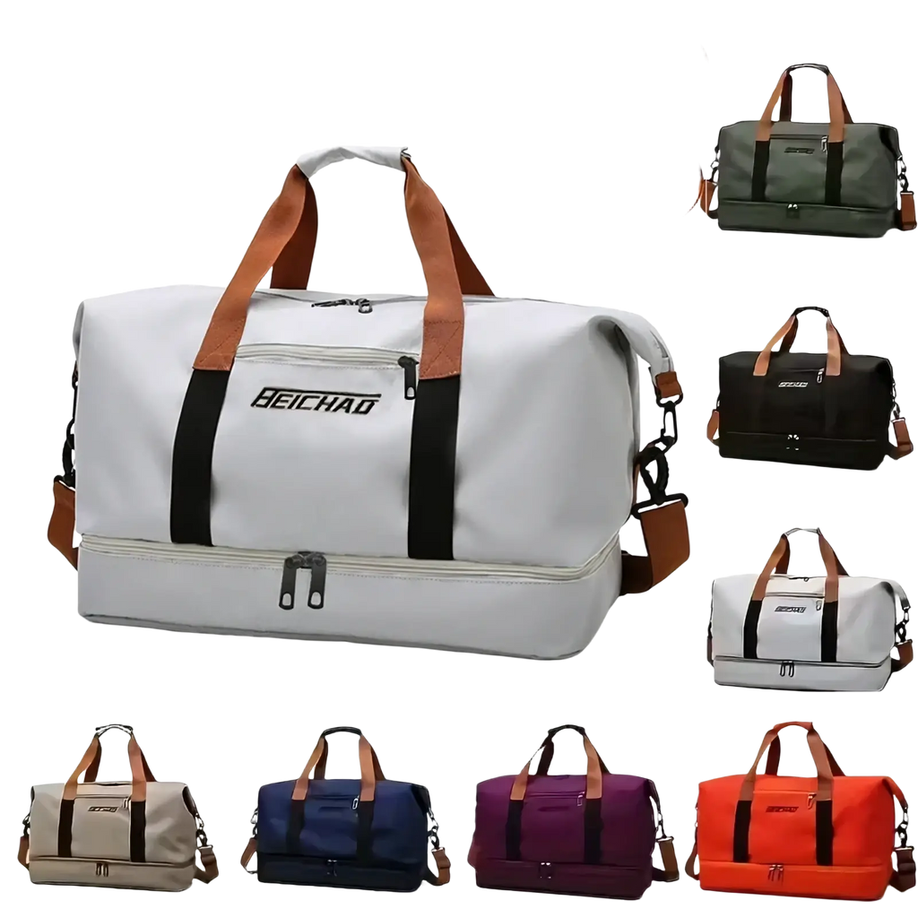 Gray and brown beichao travel gym bag with durable fabric body black leather-like handles for weekend fitness use