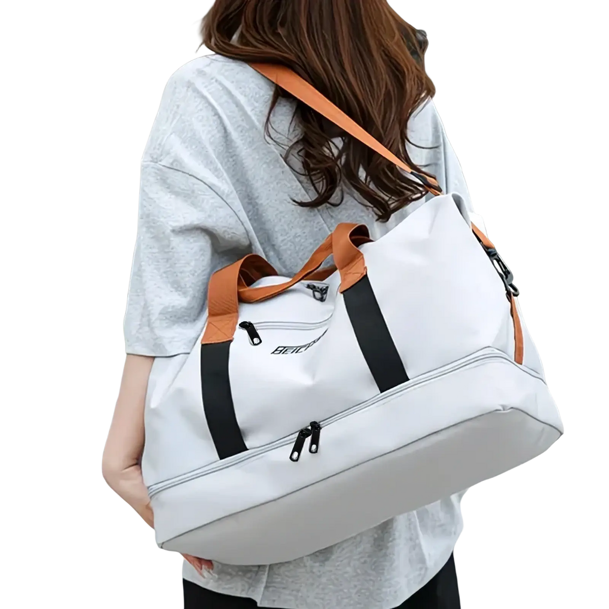 White and tan sport travel gym bag with black zipper accents made of oxford fabric for weekender use