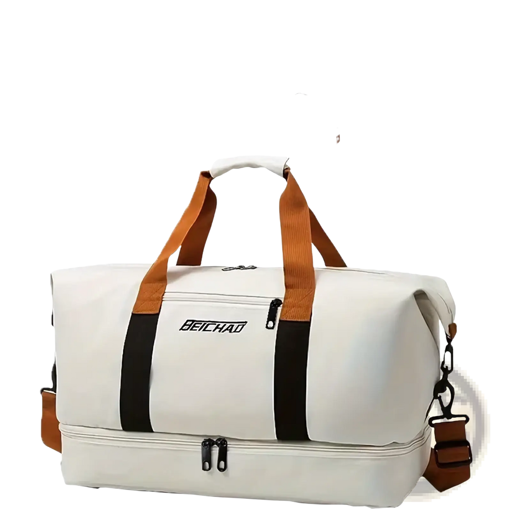 Beichao off-white versatile casual shoulder bag with brown and black accents two-tier design waterproof Oxford duffel