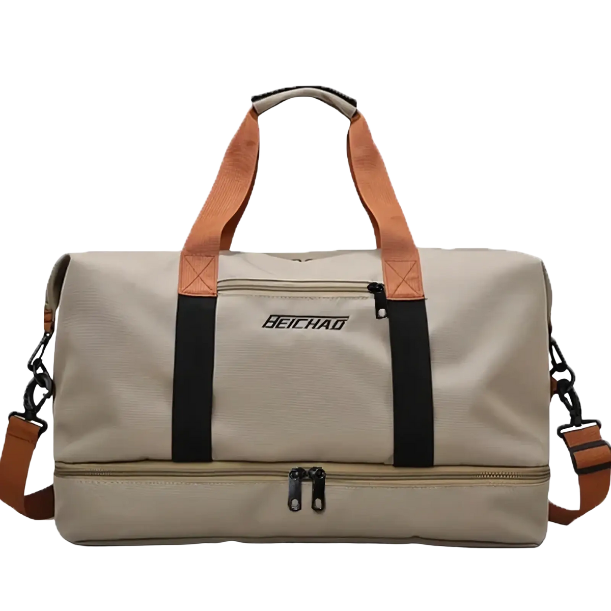 Beige and tan dual-tone travel gym bag with waterproof oxford fabric and leather-like handles for weekender use