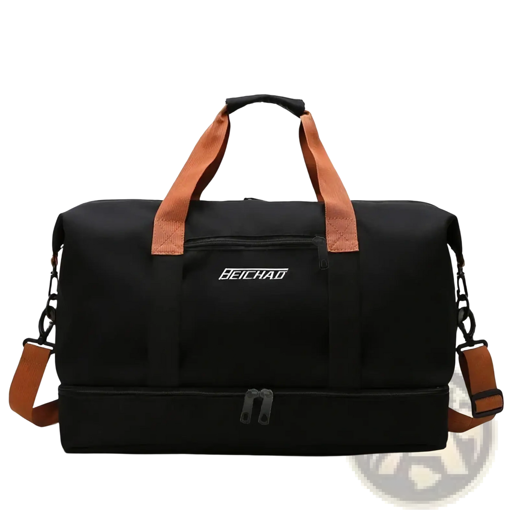 Black beichao waterproof oxford travel gym duffel bag with tan handles shoulder strap and two compartments
