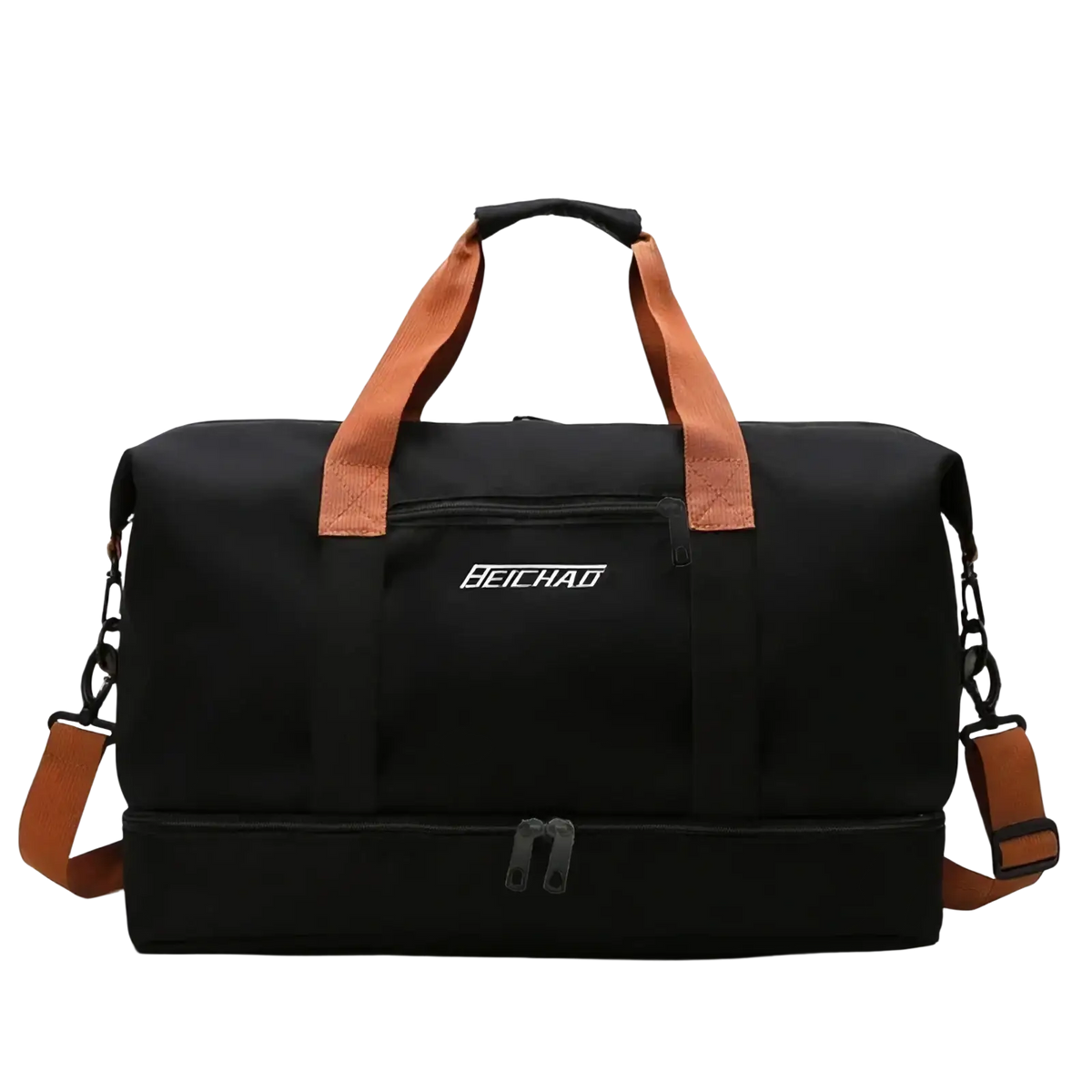 Black beichao waterproof oxford travel gym duffel bag with tan handles shoulder strap and two compartments