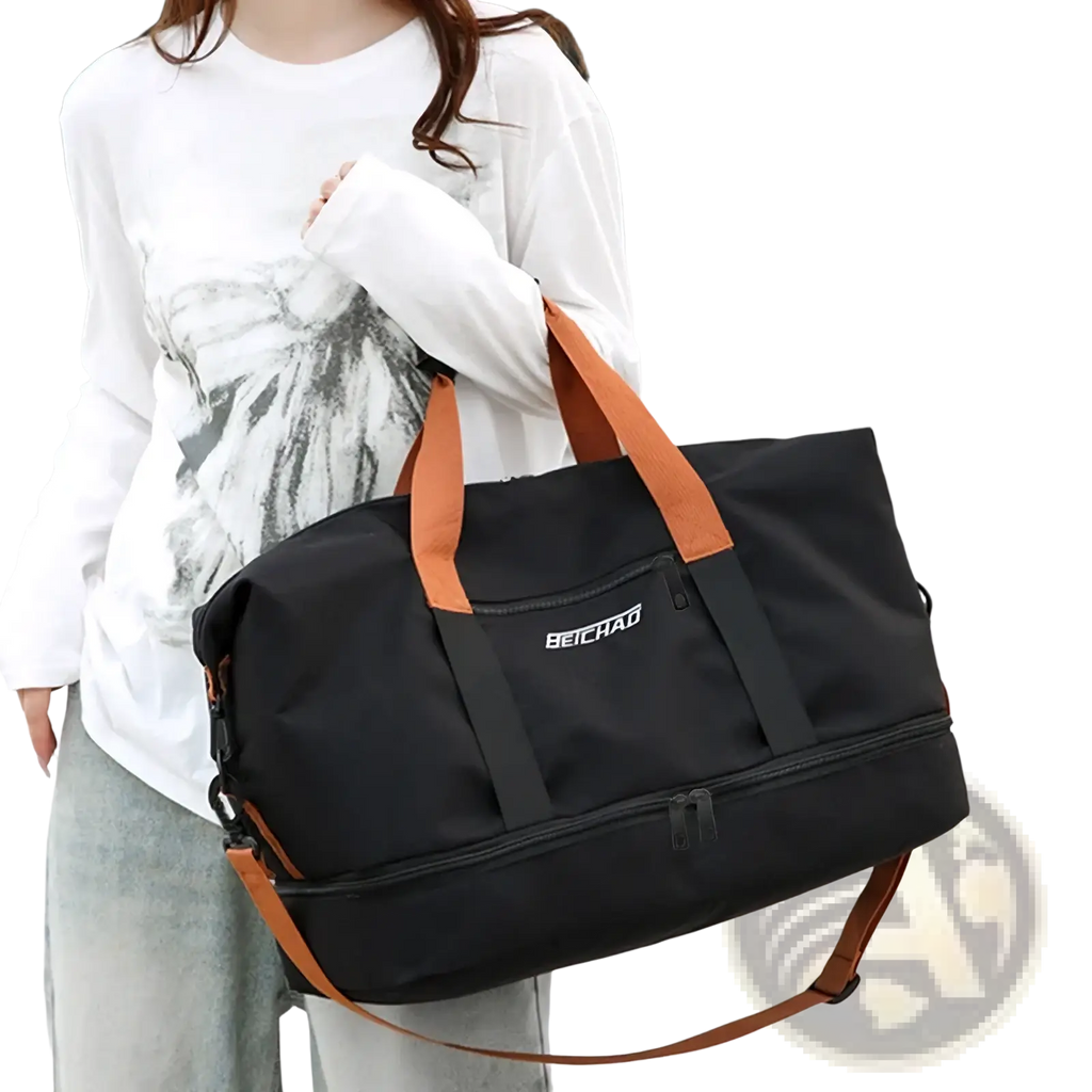 Black beichao waterproof oxford travel gym duffel bag with tan leather handles and shoulder strap for weekender use