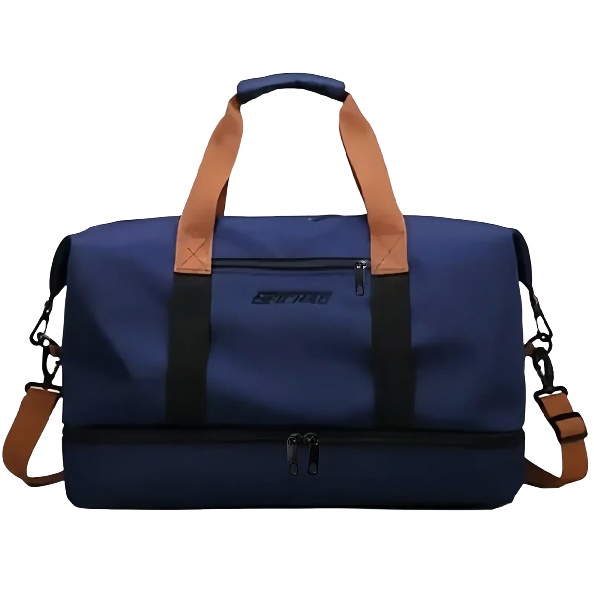 Blue waterproof oxford travel gym bag with tan leather handles straps black zippers and subtle front brand logo
