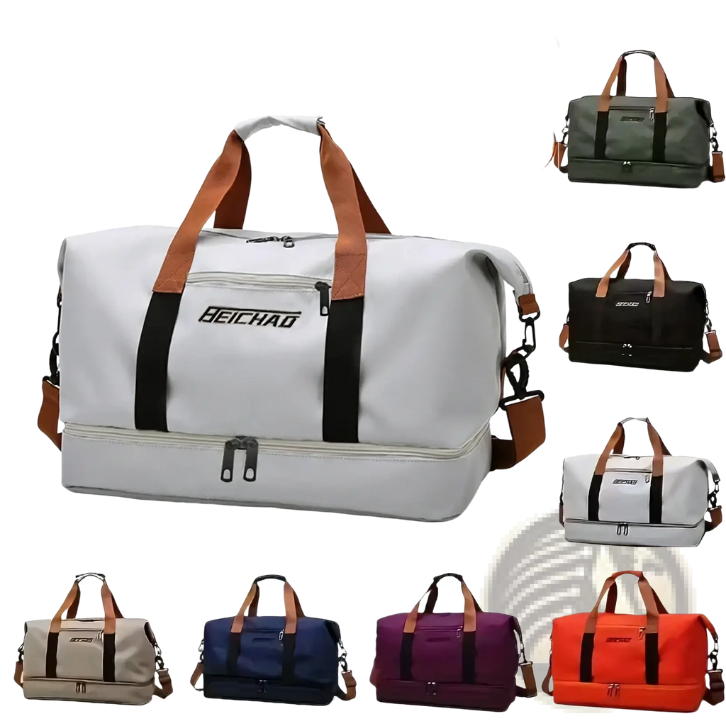 Gray and brown beichao travel gym bag waterproof oxford weekender duffel with durable fabric and leather-like handles