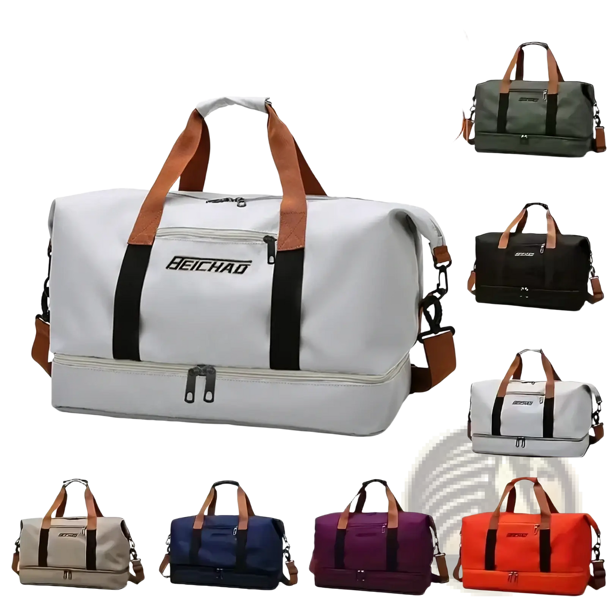 Gray and brown beichao travel gym bag waterproof oxford weekender duffel with durable fabric and leather-like handles