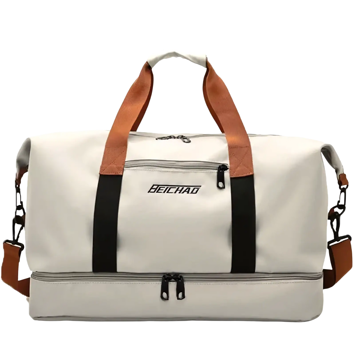 White travel gym bag waterproof oxford with tan leather handles black straps and beichao logo on front