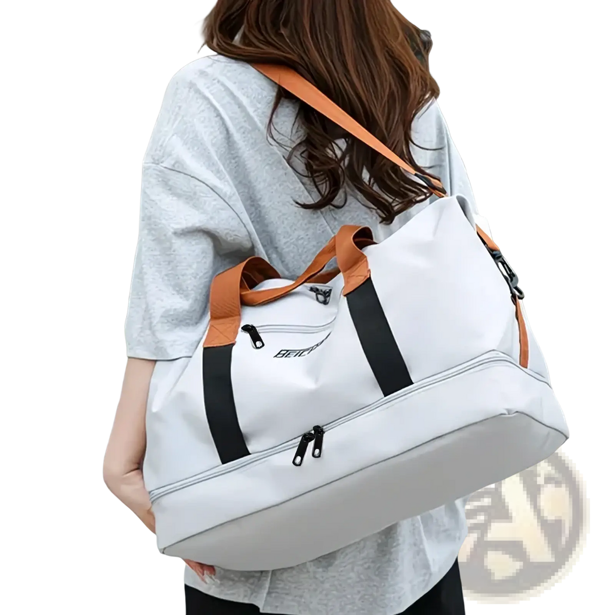 White and tan sport duffel bag with black zipper accents made of waterproof oxford for travel and gym use