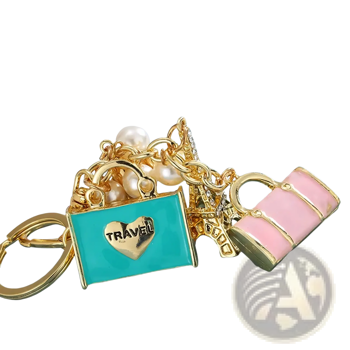 Gold-toned travel keychain with turquoise enamel handbag charm heart travel lettering pearl beads and pink suitcase charm