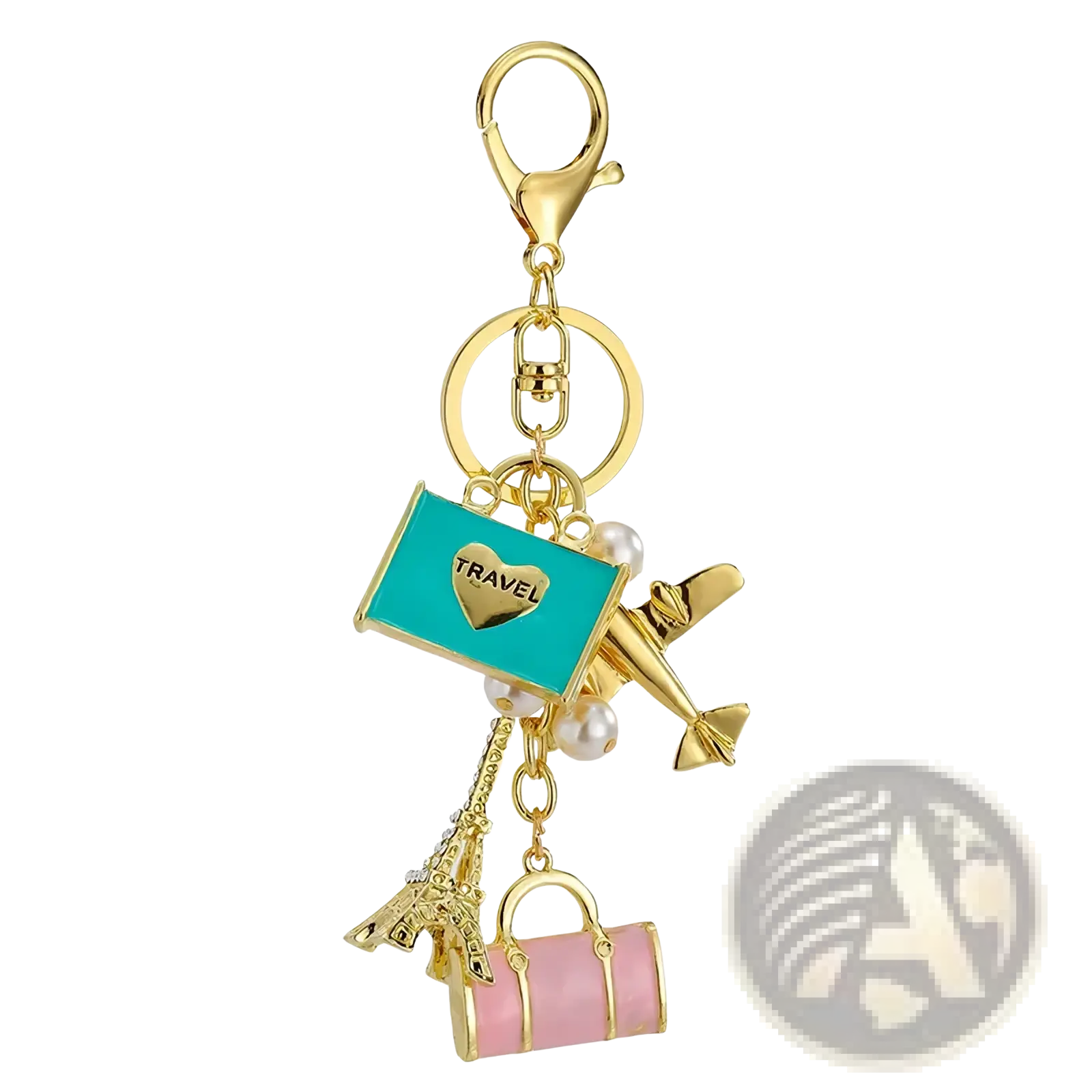 Gold-toned travel keychain featuring turquoise enamel tag with heart, airplane charm, pearl accents, eiffel tower, and suitcase charms