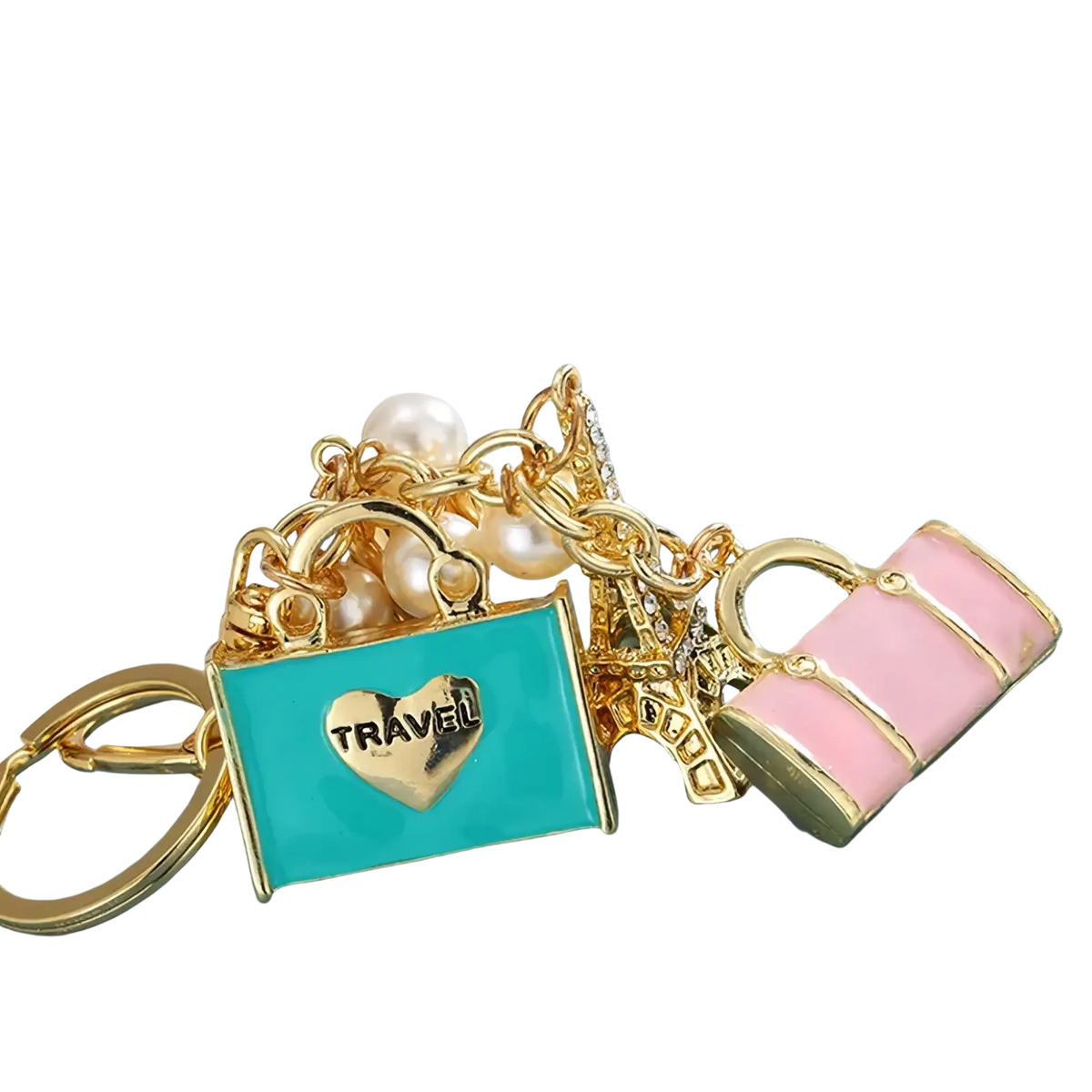 Gold-toned travel keychain with turquoise enamel handbag charm heart travel lettering pearl beads and pink suitcase charm