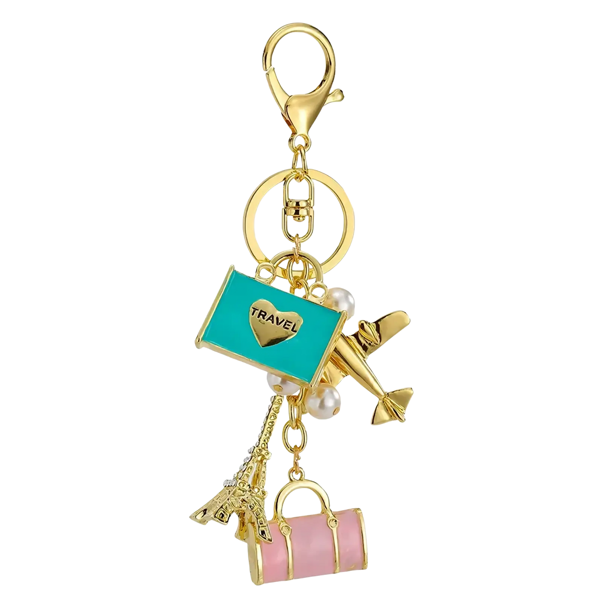 Gold-toned travel keychain featuring turquoise enamel tag with heart, airplane charm, pearl accents, eiffel tower, and suitcase charms