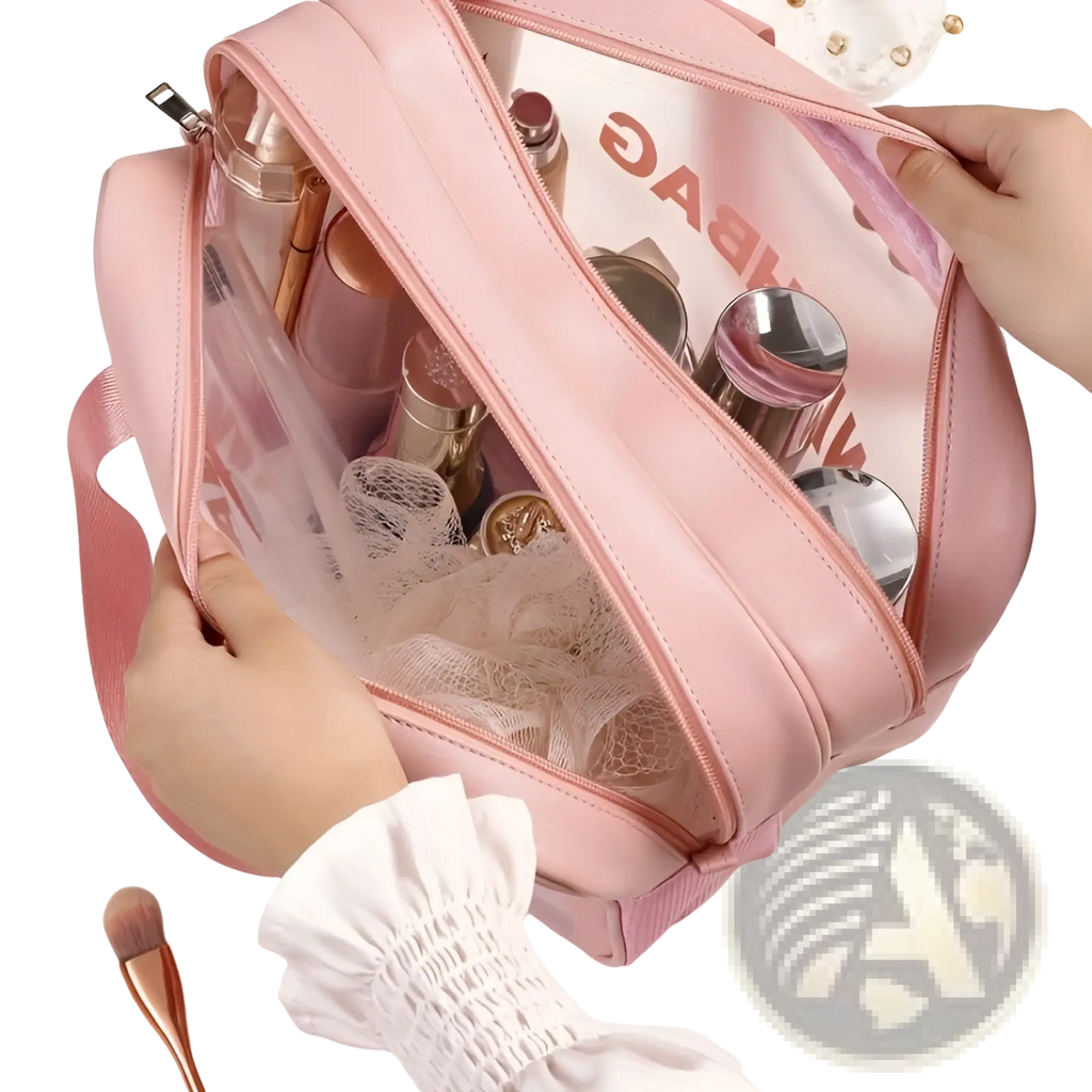 Pink faux leather travel makeup bag with transparent side panels and zipper closure for dry wet separation organization