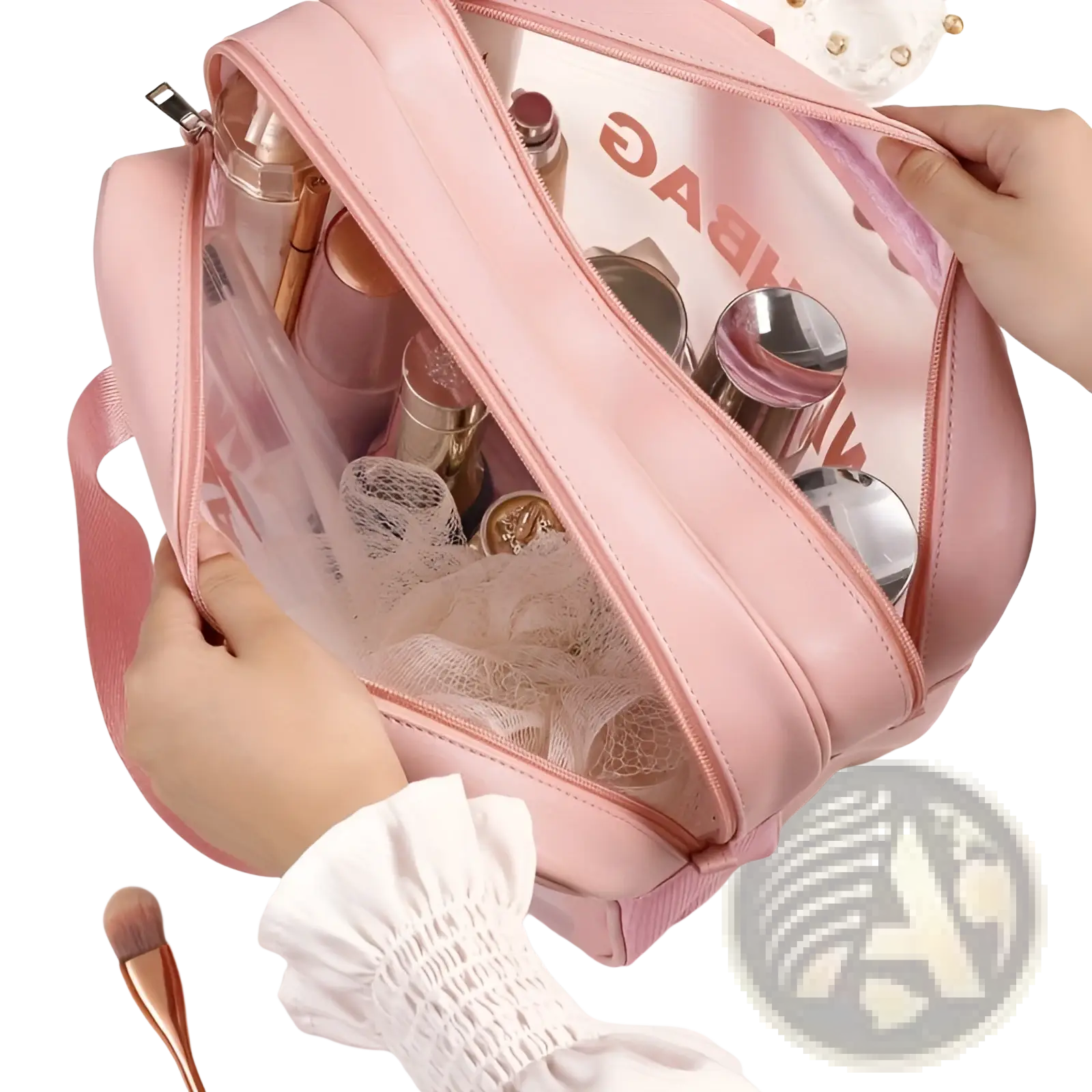 Pink faux leather travel makeup bag with transparent side panels and zipper closure for dry wet separation organization